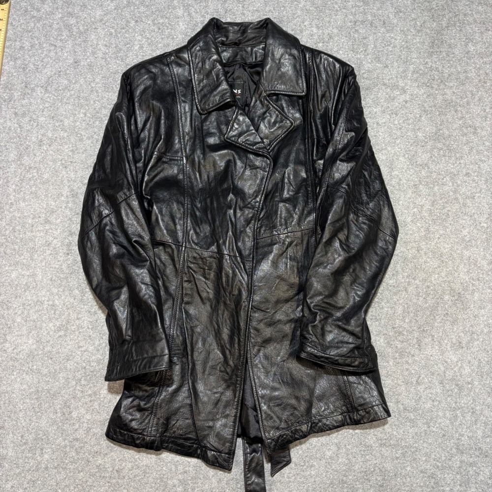 Wilsons The Leather Experts Black Leather Belted Trench Coat Jacket Women Medium